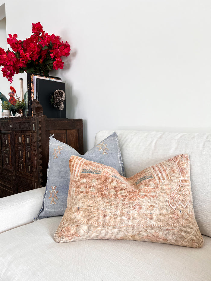 Artisanal Handmade Moroccan embroidered cactus silk sabra pillow faded blue handwoven