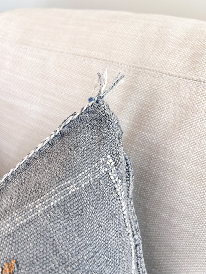 Artisanal Handmade Moroccan embroidered cactus silk sabra pillow faded blue handwoven