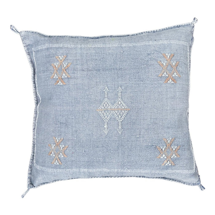 Artisanal Handmade Moroccan embroidered cactus silk sabra pillow faded blue handwoven