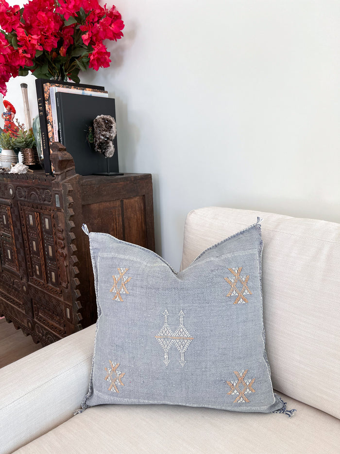 Artisanal Handmade Moroccan embroidered cactus silk sabra pillow faded blue handwoven