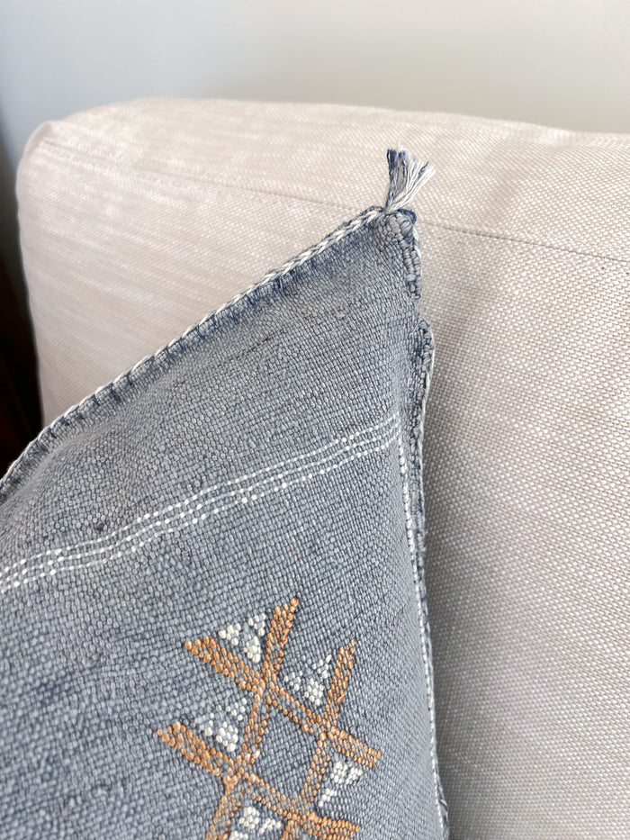 Artisanal Handmade Moroccan embroidered cactus silk sabra pillow faded blue handwoven