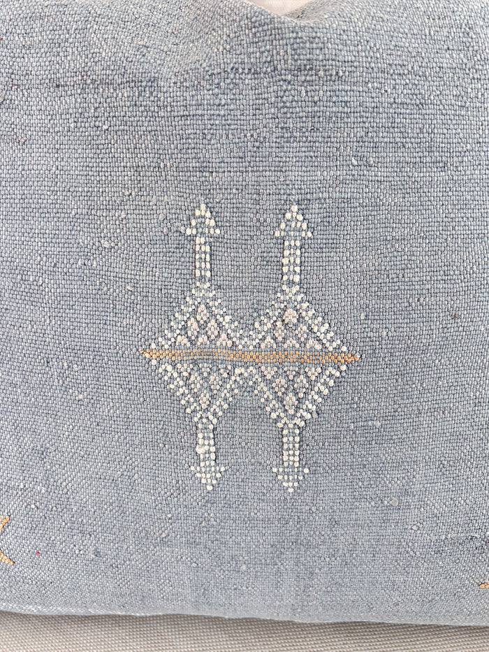 Artisanal Handmade Moroccan embroidered cactus silk sabra pillow faded blue handwoven