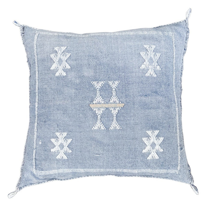 Artisanal Handmade Moroccan embroidered cactus silk sabra pillow faded blue handwoven