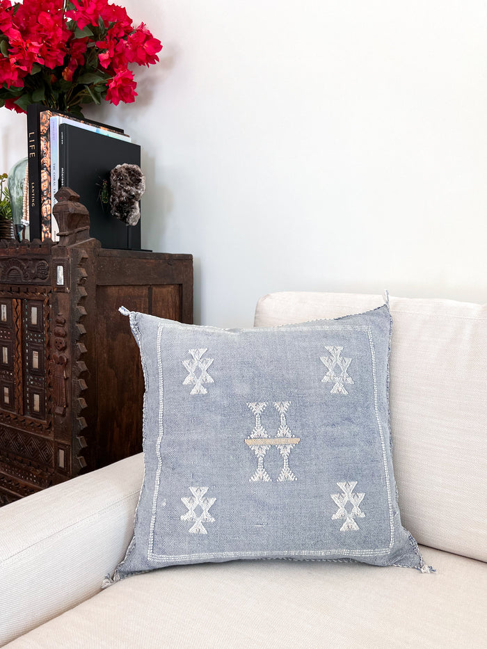 Artisanal Handmade Moroccan embroidered cactus silk sabra pillow faded blue handwoven