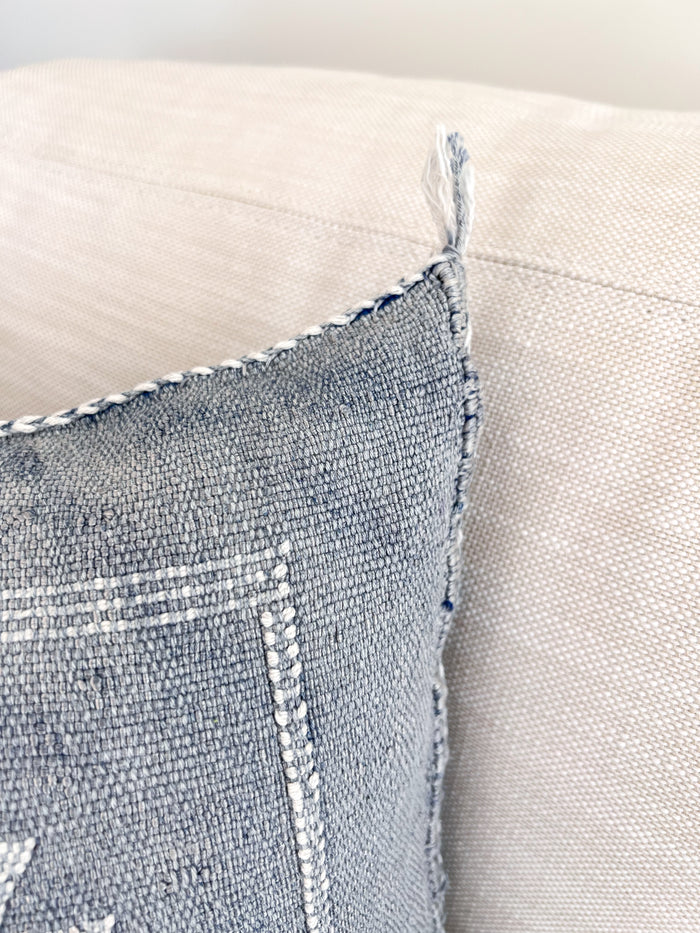Artisanal Handmade Moroccan embroidered cactus silk sabra pillow faded blue handwoven