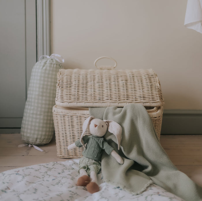 Wicker basket with a plush toy and green blanket on a wooden floor.