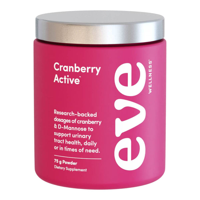 Pink supplement container labeled 'Cranberry Active' by Eve Wellness on a white background