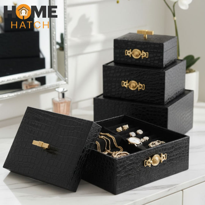 Croc Luxe 3-Piece Black Crocodile Pattern Leather Jewelry Box Set with Golden Knobs – Home Hatch Pakistan