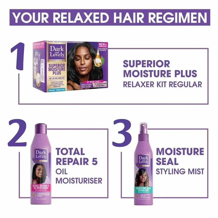 Dark & Lovely Superior Moisture Plus No Lye Relaxer Kit for normal hair with coconut oil, shea butter, and styling milk for 4 weeks of silky, straight hair