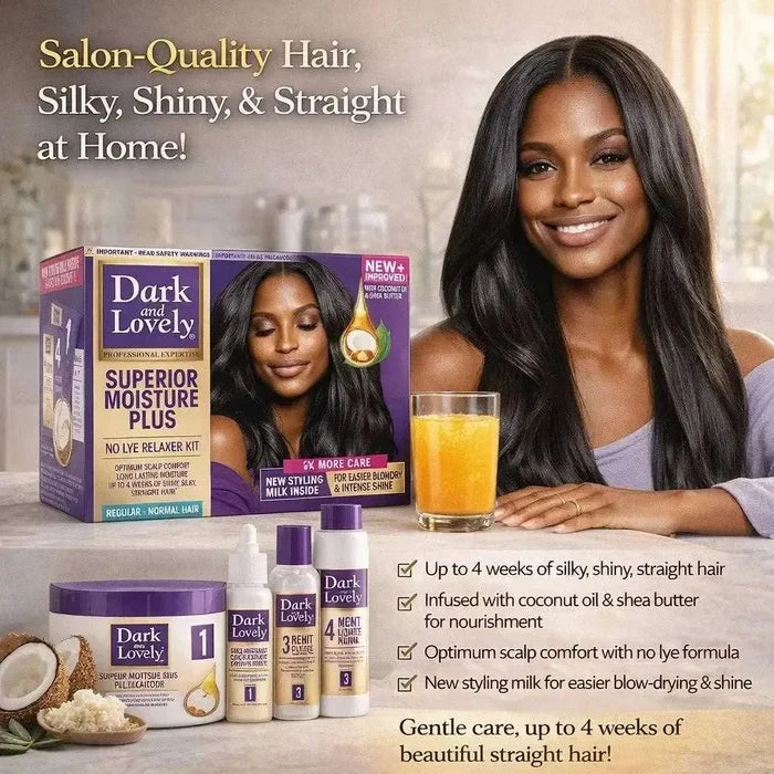Dark & Lovely Superior Moisture Plus No Lye Relaxer Kit for normal hair with coconut oil and shea butter for up to 4 weeks of silky, straight hair