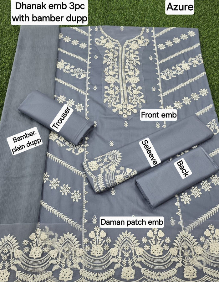 Dhanak Embroidered 3-Piece Suit with Bamber Embroidered Dupatta