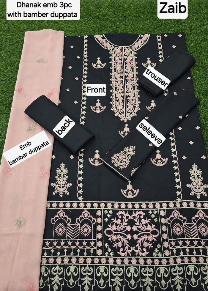 Dhanak Embroidered 3-Piece Suit with Bamber Embroidered Dupatta