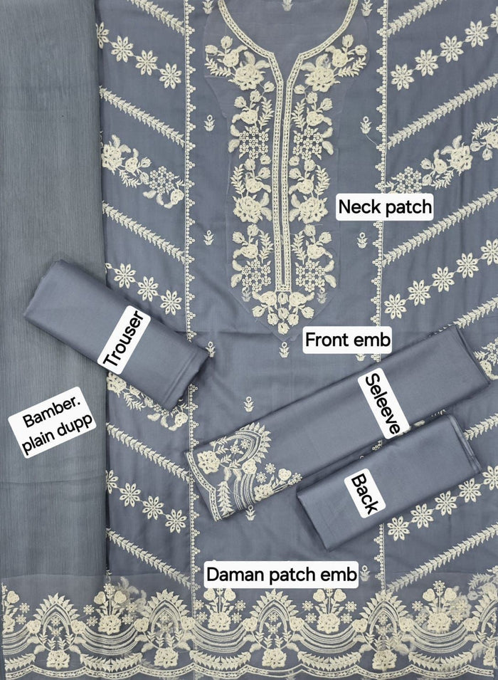 Dhanak Embroidered 3-Piece Suit with Bamber Embroidered Dupatta