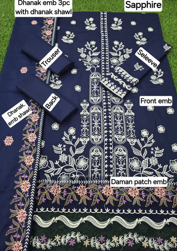 Dhanak Embroidered 3-Piece Suit with Matching Dhanak Embroidered Dupatta