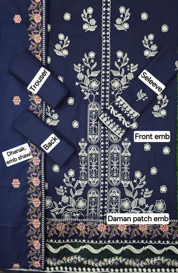Dhanak Embroidered 3-Piece Suit with Matching Dhanak Embroidered Dupatta