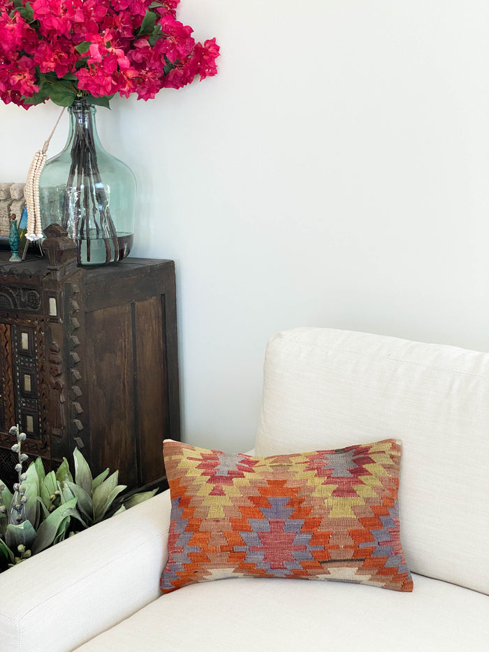 Diego Handmade traditional Turkish kilim lumbar pillow cover made with vintage rugs 12x20 patten