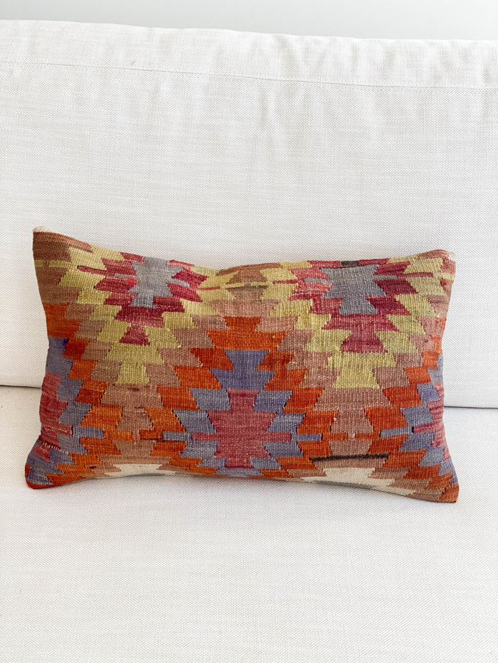 Diego Handmade traditional Turkish kilim lumbar pillow cover made with vintage rugs 12x20 patten