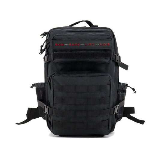 Black Directional Force Motivator Ruck Pack with red text, front view showing multiple compartments and padded straps