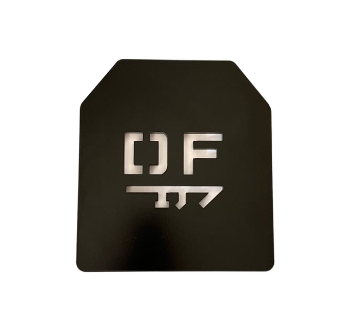 Black steel weight vest plate with DF logo cutout, 13.75 lb