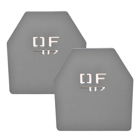 Pair of gray powder-coated weight vest plates with DF laser-cut logo, 8.75 lb each