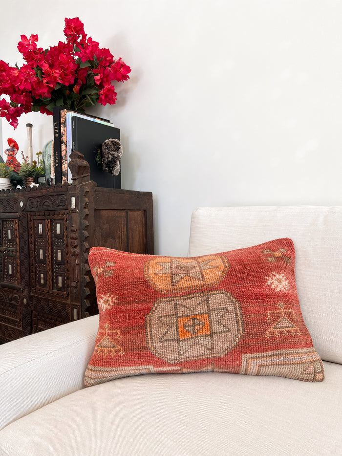 Handmade Turkish oushak pillow cover made with vintage rugs 16x24 red