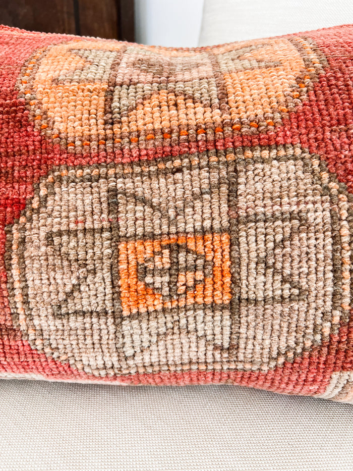 Handmade Turkish oushak pillow cover made with vintage rugs 16x24 red