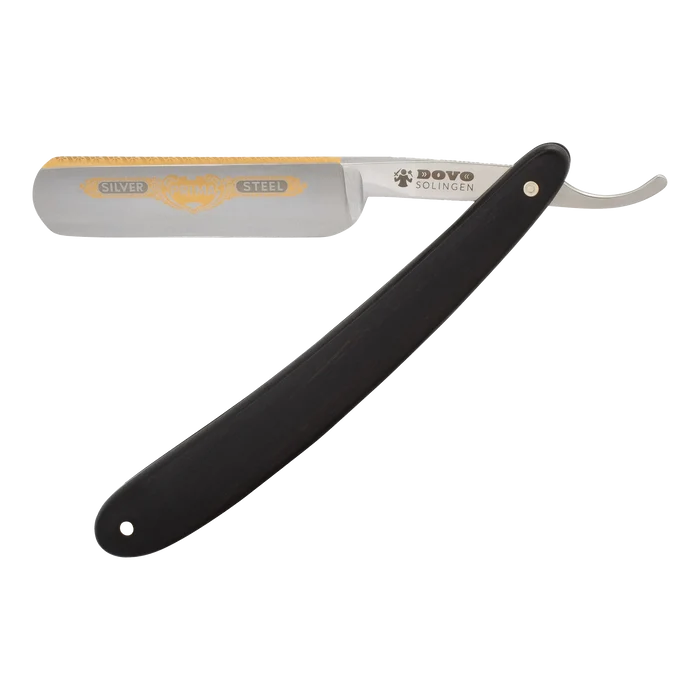 DOVO barberkniv i karbonstål med svart håndtak og gyllent mønster