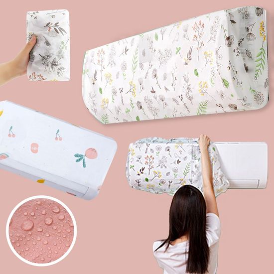 Elastic air conditioner dust cover being installed on wall-mounted AC

Decorative cartoon design AC dust cover for home and office

Elastic stretch AC cover showing flexible fit

Original packaged air conditioner dust covers with cartoon prints