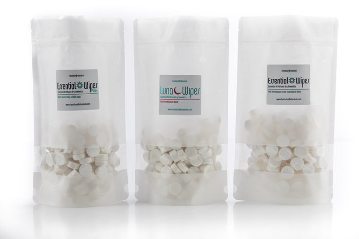 Three clear resealable bags filled with round white wipes labeled Essential Wipes and Luna Wipes, showcasing Essential Wipes Plus PRO Pak - 350 qty | Functional Botanicals for skincare and wellness.