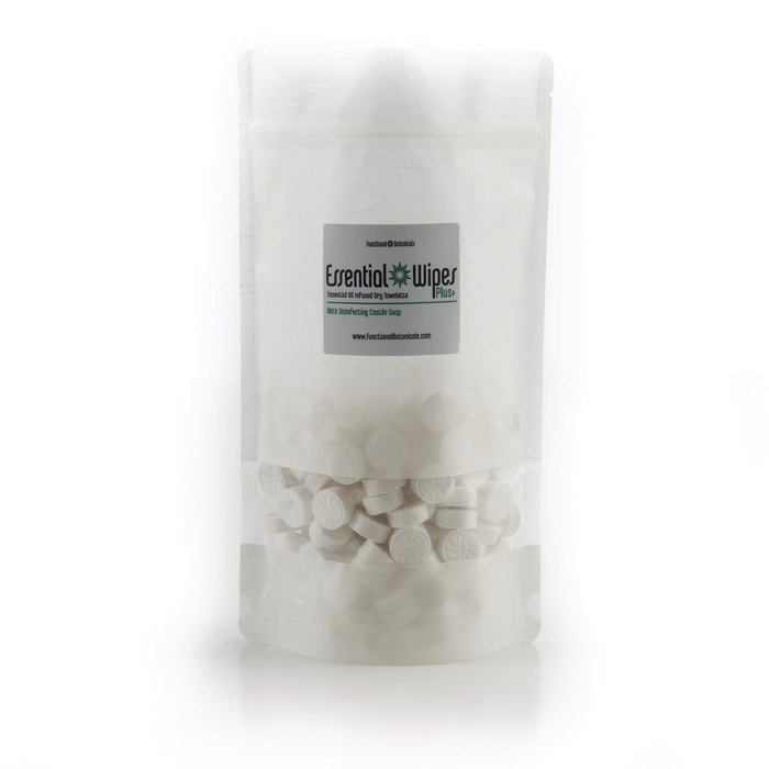 Clear resealable pouch filled with white compressed tablets labeled Essential Wipes Plus PRO Pak - 350 qty | Functional Botanicals for skincare and body care use.