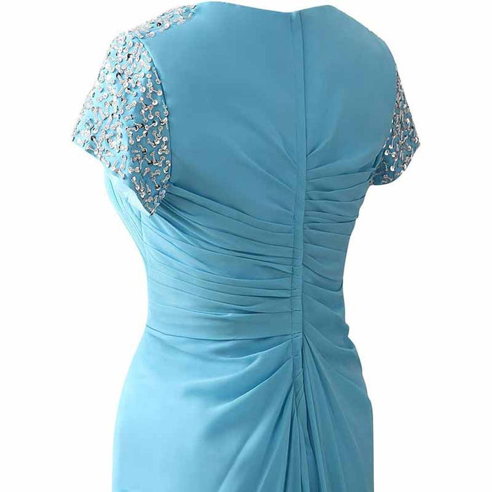 Evening Dress Chiffon Long Mother of the Bride Dress Short Sleeve Folding Wedding Guest Dress