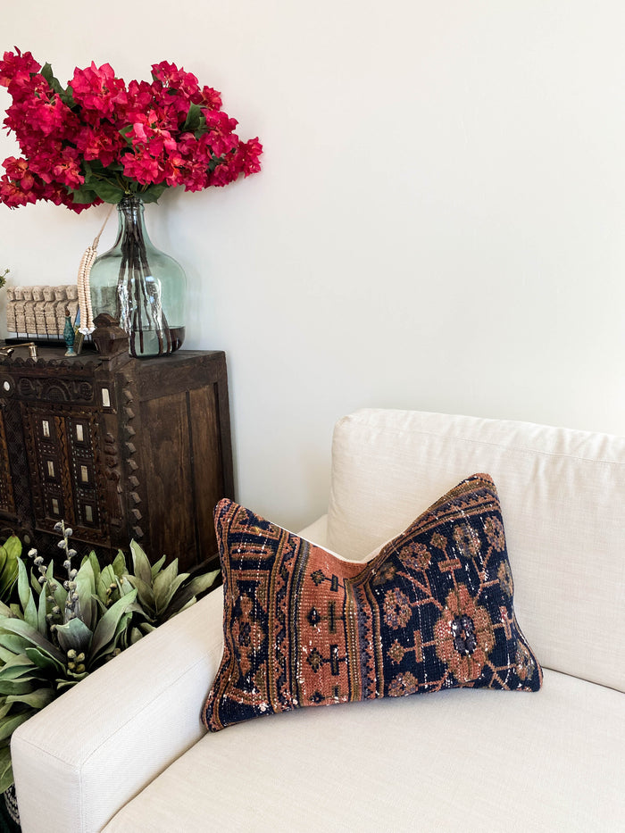 Excellency Handmade Turkish oushak pillow cover made with vintage rugs 16x24 blue red