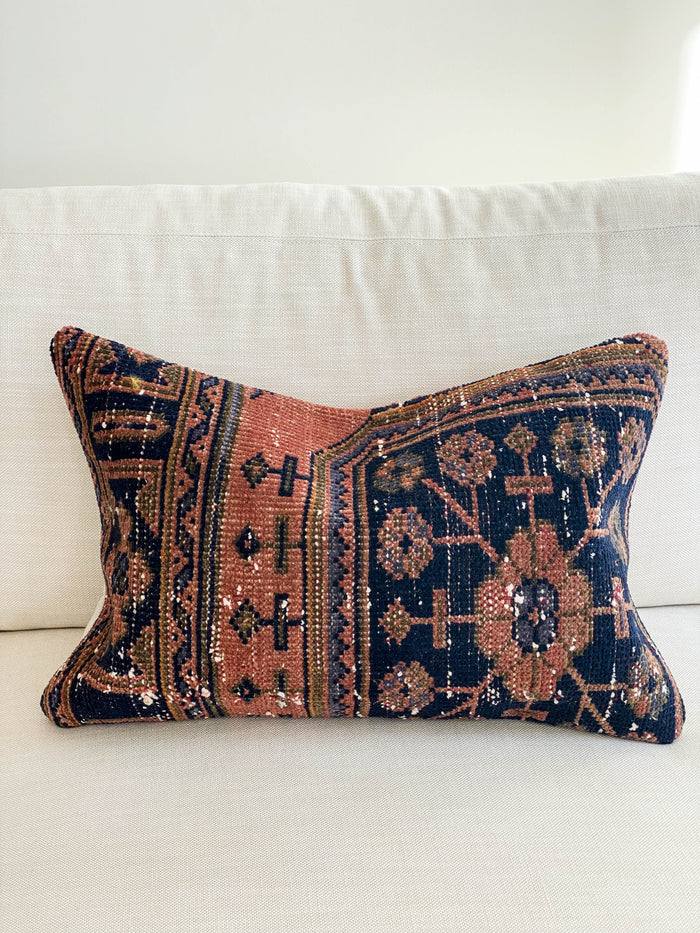 Excellency Handmade Turkish oushak pillow cover made with vintage rugs 16x24 blue red