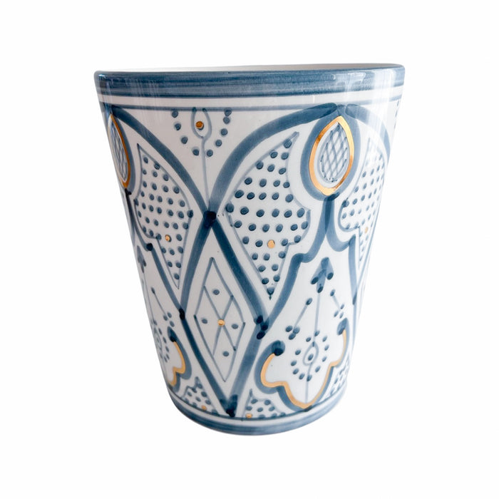 large blue pattern motif handmade moroccan vase with gold detail