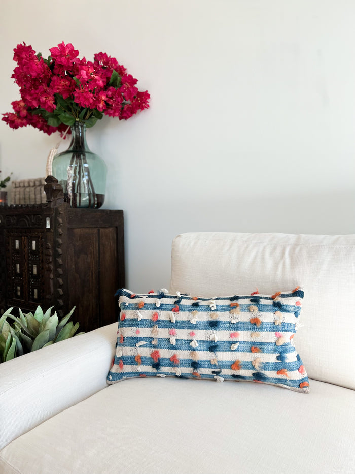 artisan handmade turkish tulu pillow 12x24 blue and white made with vintage rug textiles
