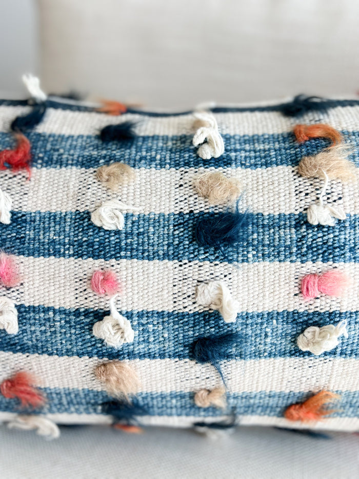 artisan handmade turkish tulu pillow 12x24 blue and white made with vintage rug textiles