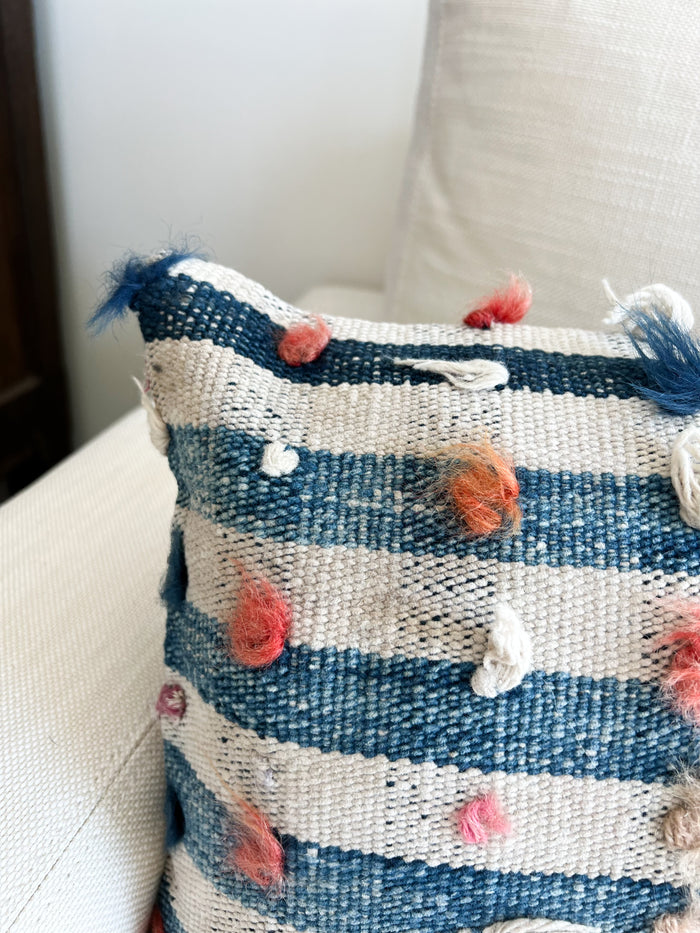 artisan handmade turkish tulu pillow 12x24 blue and white made with vintage rug textiles