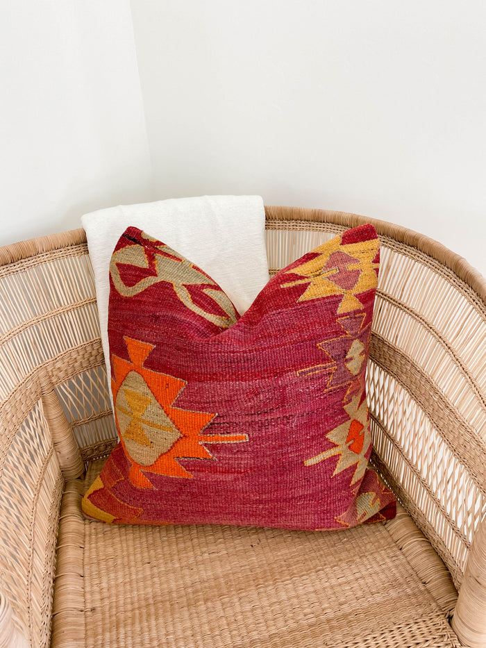 Festival turkish kilim pillow cover made with vintage red and orange textiles 20x20