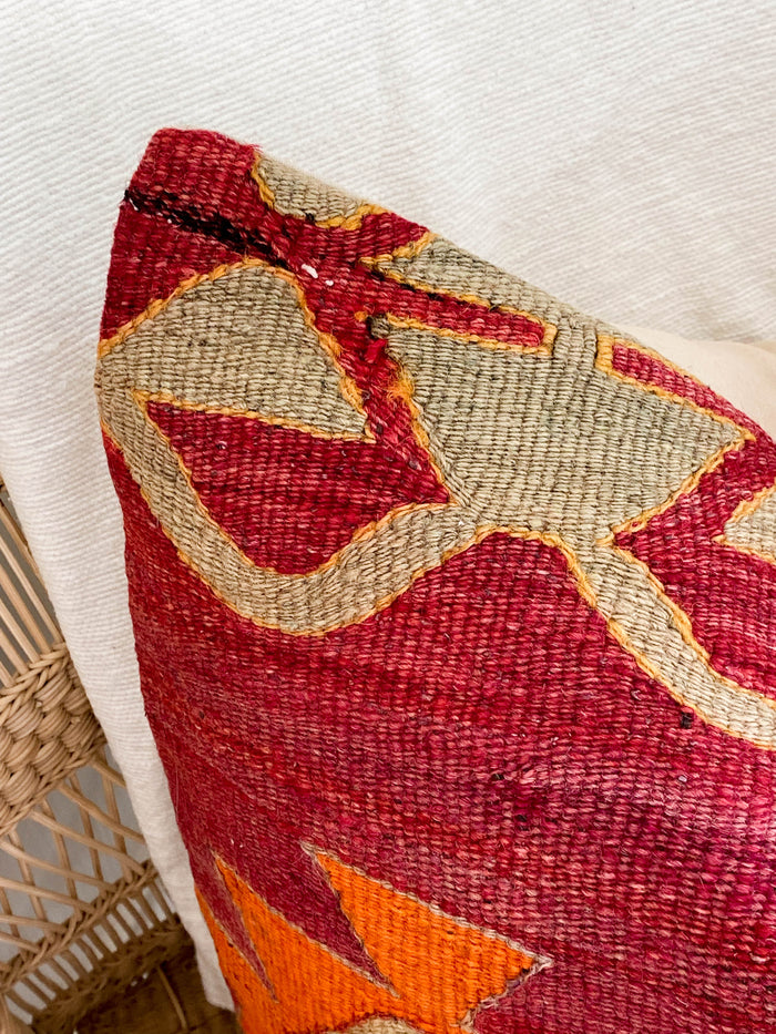 Festival turkish kilim pillow cover made with vintage red and orange textiles 20x20