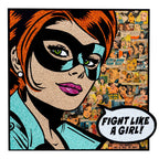 white woman with blue mask collared shirt and red hair on comic strip collage background stained glass mosaic