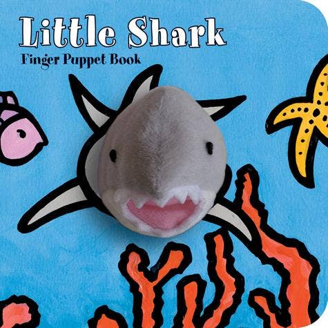 Cover of 'Little Shark' finger puppet book with shark illustration on blue background