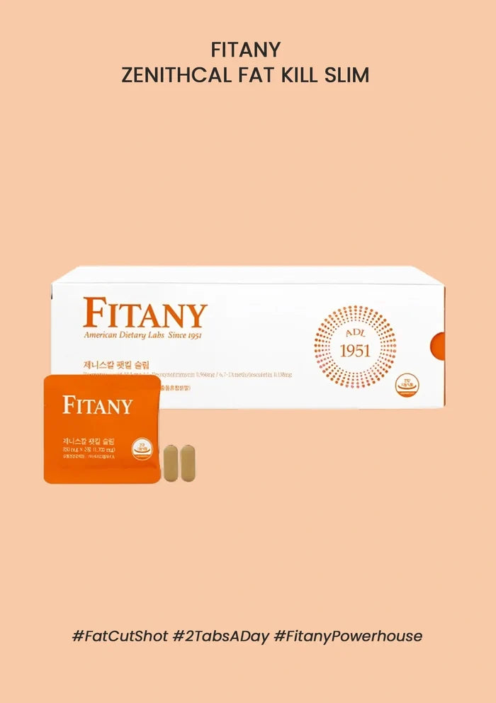Fitany product packaging on a peach background with text and hashtags.