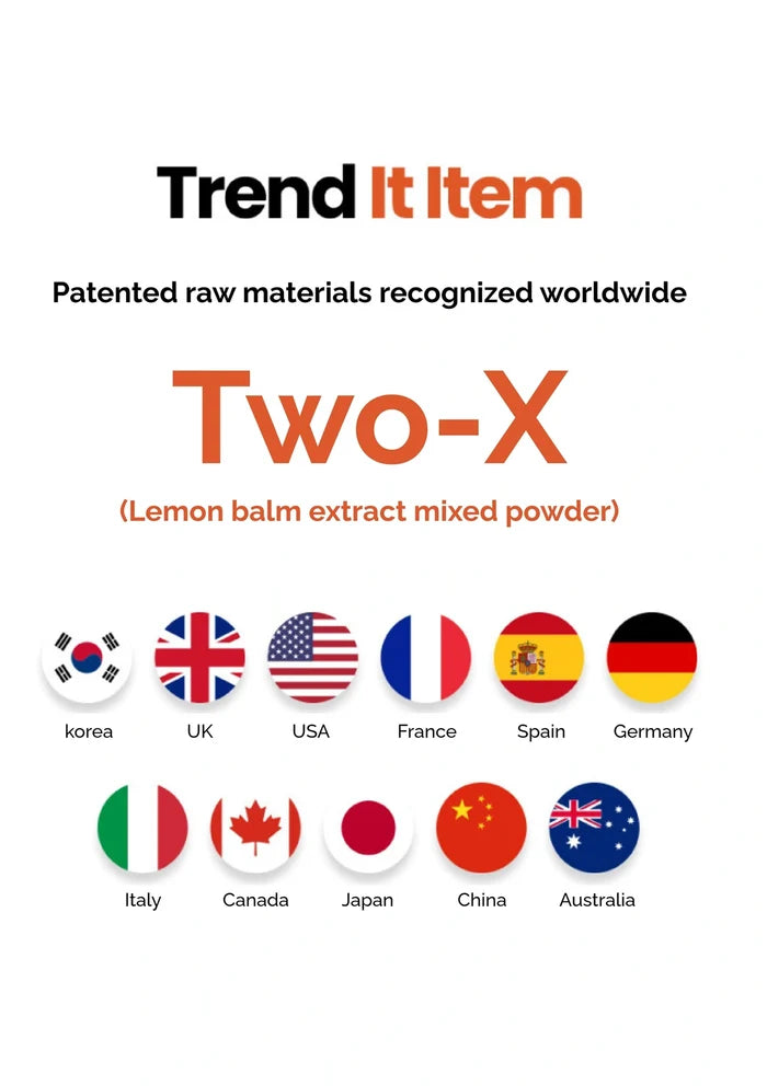 Advertisement for Trend It Item's Two-X lemon balm extract mixed powder with international flags below.
