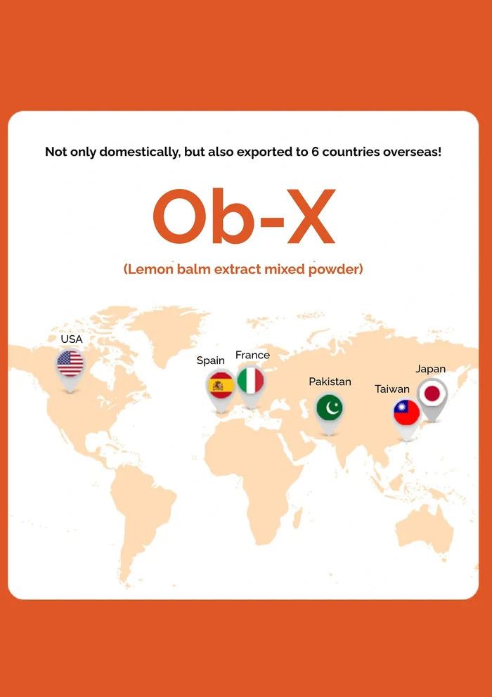 World map with country flags and text about Ob-X lemon balm extract powder export.