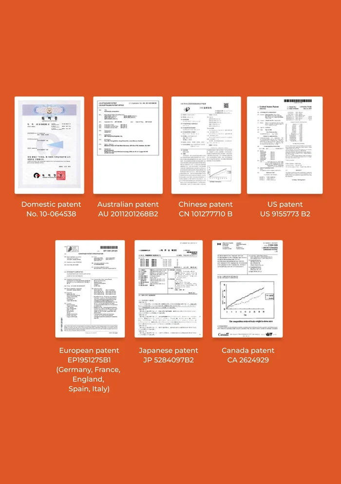 Collection of various patent documents on an orange background
