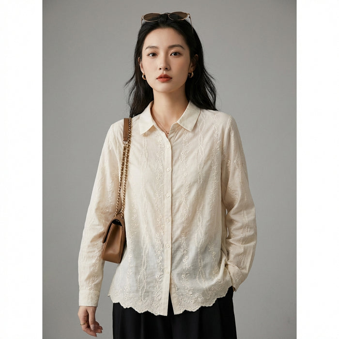 Chemise femme brodée florale, col pointu - Koreanxwear - Taille M