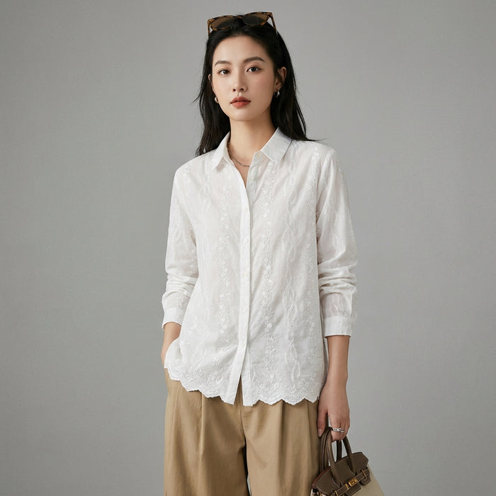 Chemise femme brodée florale, col pointu - Koreanxwear - Taille M