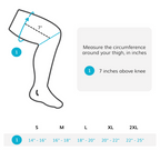 the sizing chart for the full leg compression sleeve comes 5 sizes with thigh circumferences up to 25 inches around