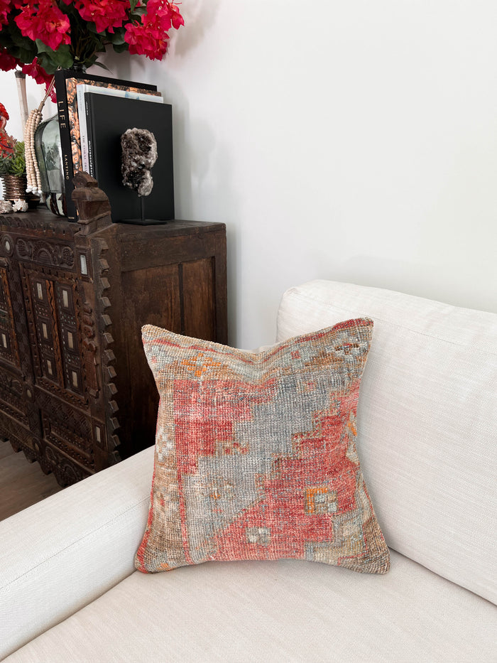 Handmade traditional Turkish oushak pillow cover made with vintage rugs 18x18 pastel