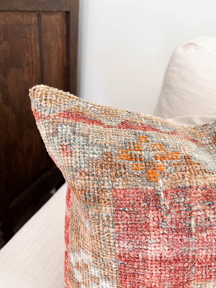 Handmade traditional Turkish oushak pillow cover made with vintage rugs 18x18 pastel